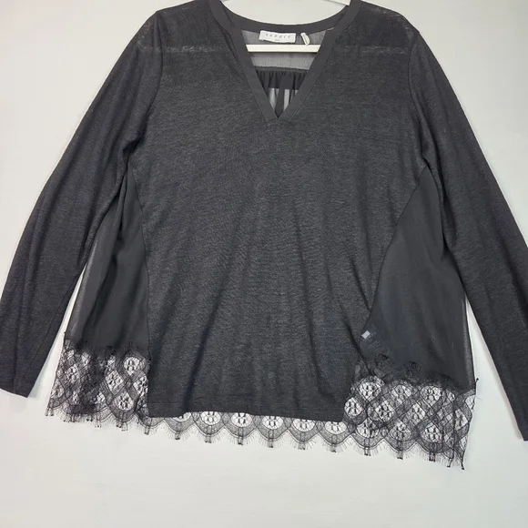 Sandro Paris Black Sheer Lace Hem Blouse Size 1 US S Linen Blend Long Sleeve - Picture 11 of 15